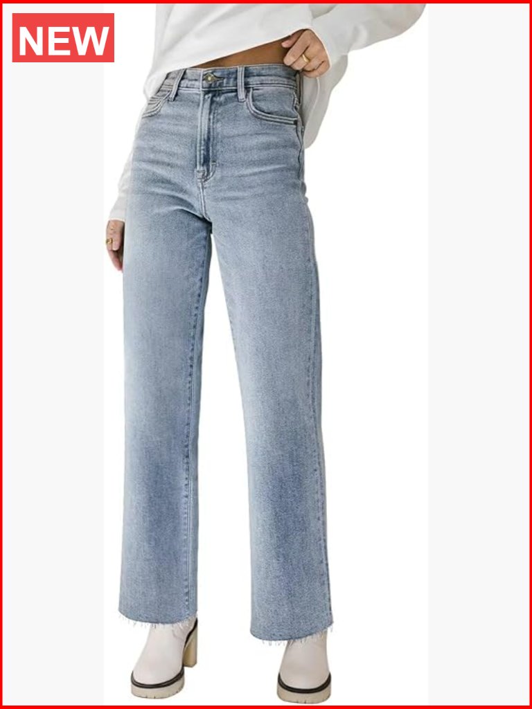 High Waisted Straight Leg Jeans Raw Hem Cropped Wide Leg Loose Stretchy